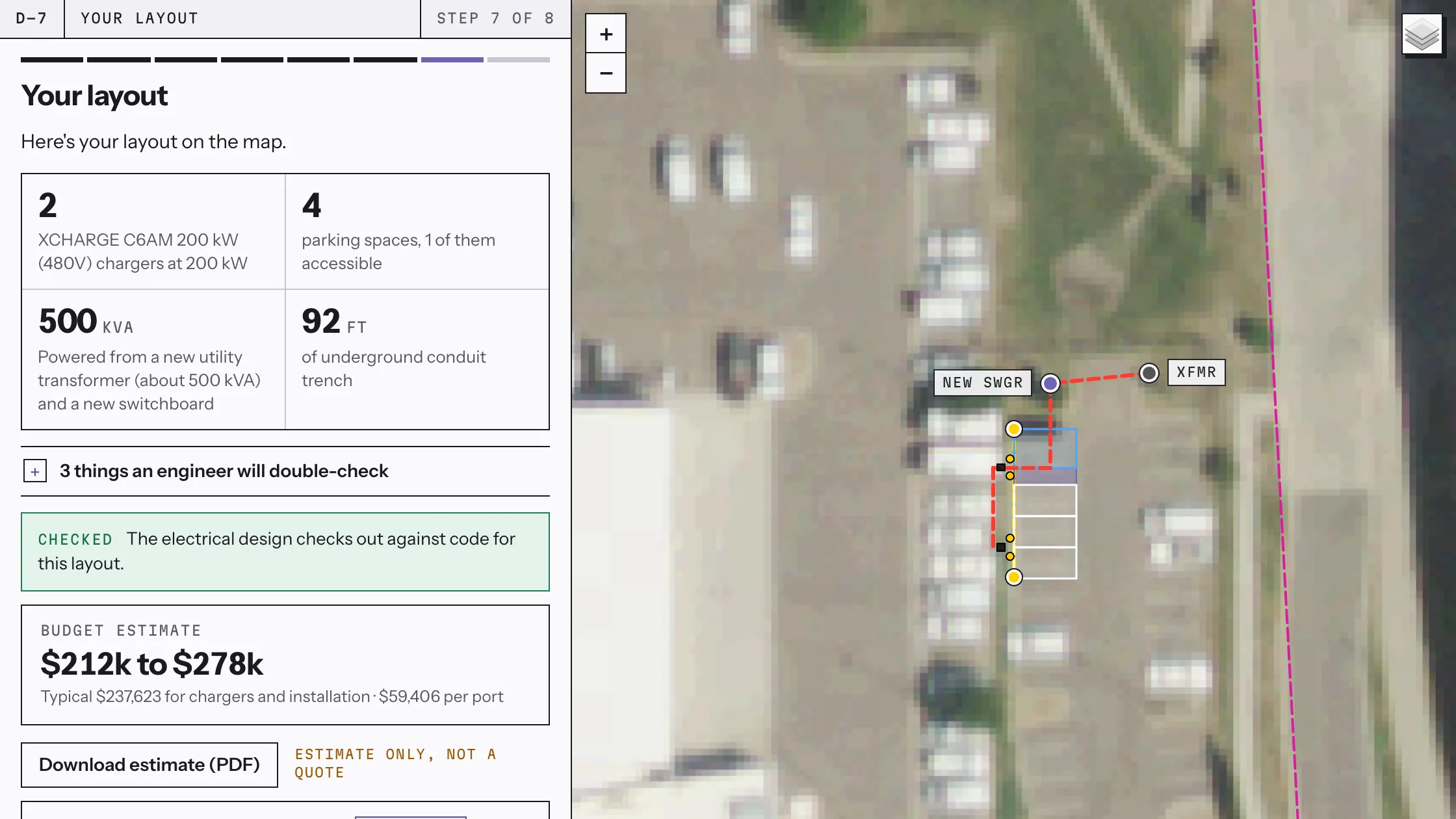 The guided design screen: two chargers and four parking spaces placed on the aerial photo, with the switchboard, transformer and trench length summarised beside the map.