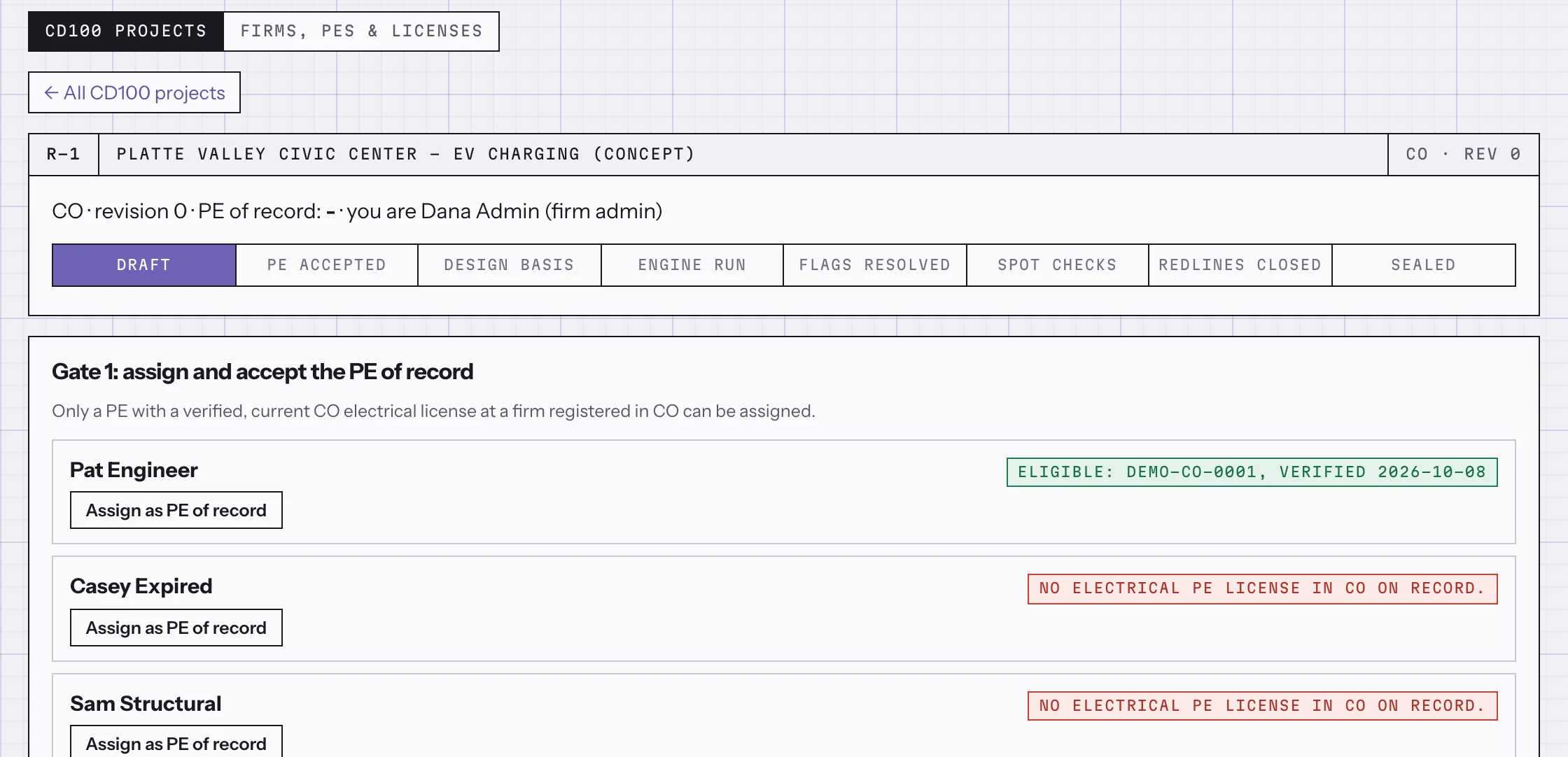 The engineer workspace showing the review gates from draft to sealed, and the step where a licensed engineer of record is assigned.