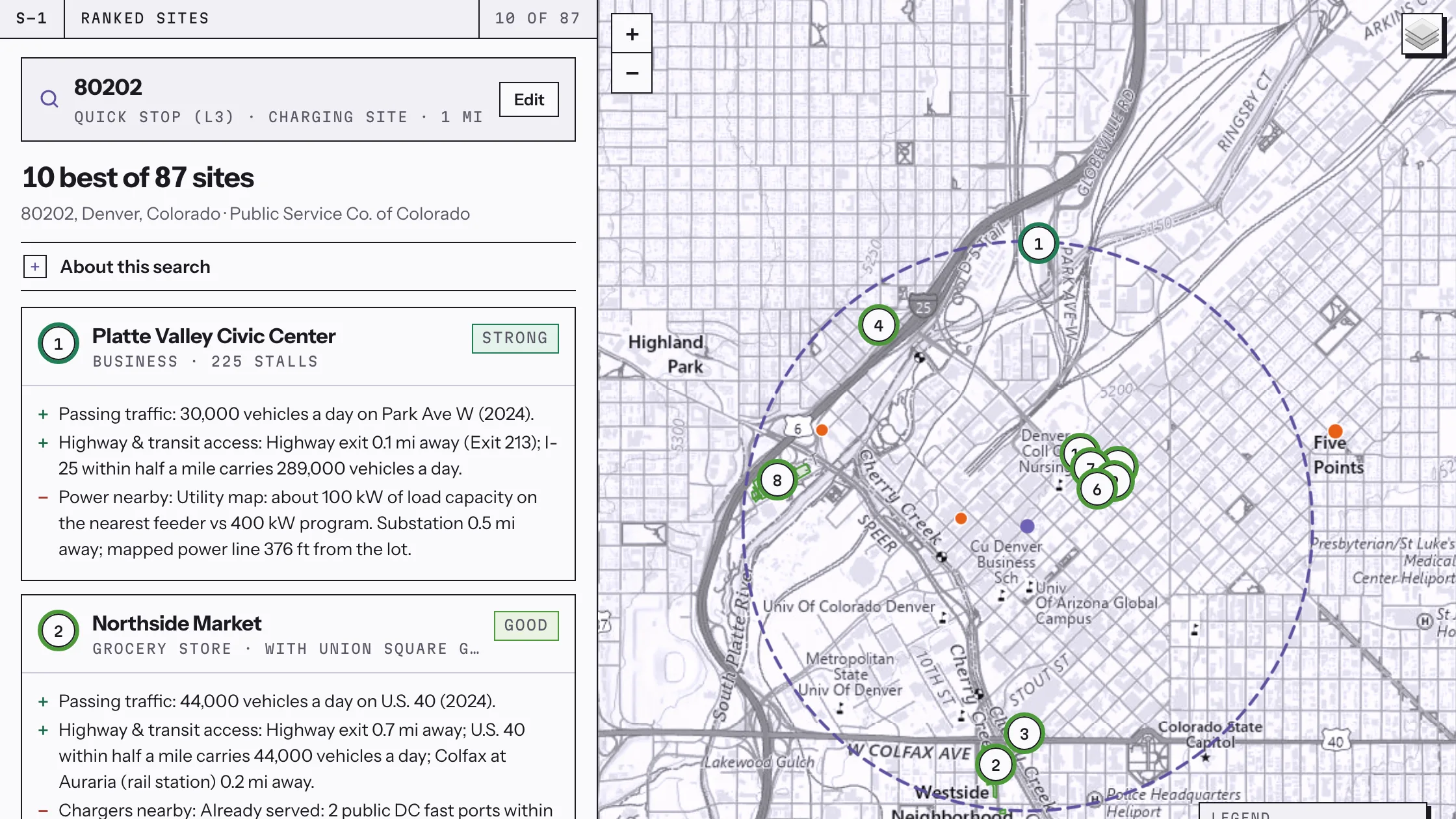 Search results for a Denver zip code: the ten best of 87 sites, each with plain-language reasons, beside a map of the scored lots.