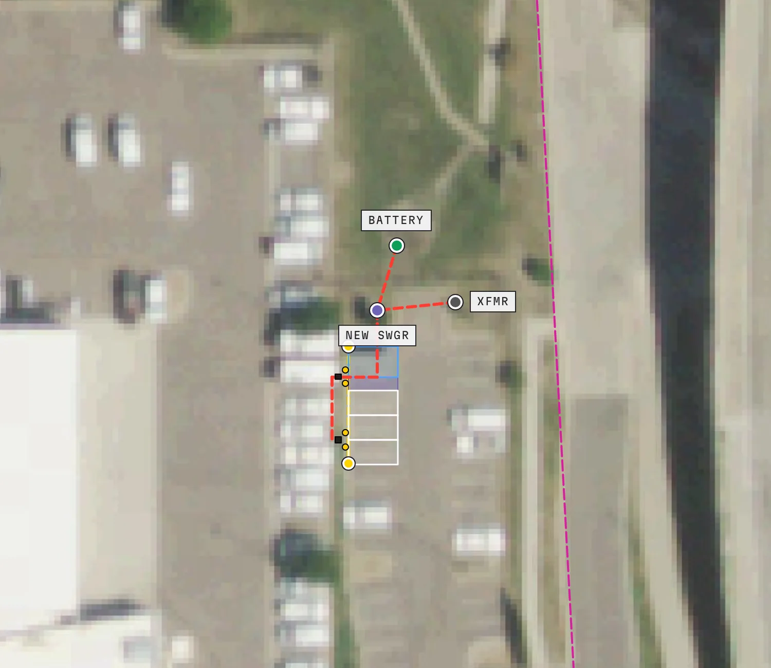 The design map for a sample site: a row of four charging stalls, a new switchgear, a transformer and a battery placed on the aerial photo.
